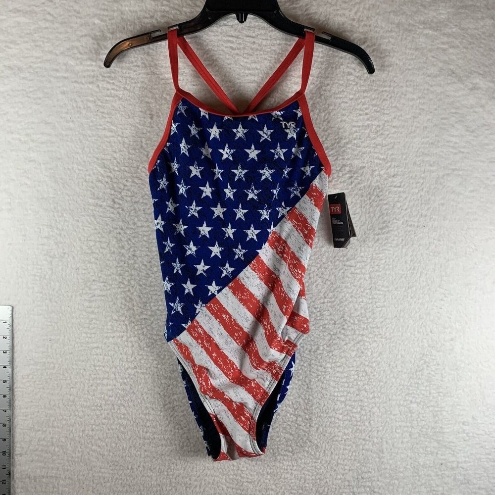 TYR Swimsuit‎ Women 36 American Flag Print Cross Back Performance One Piece 8050